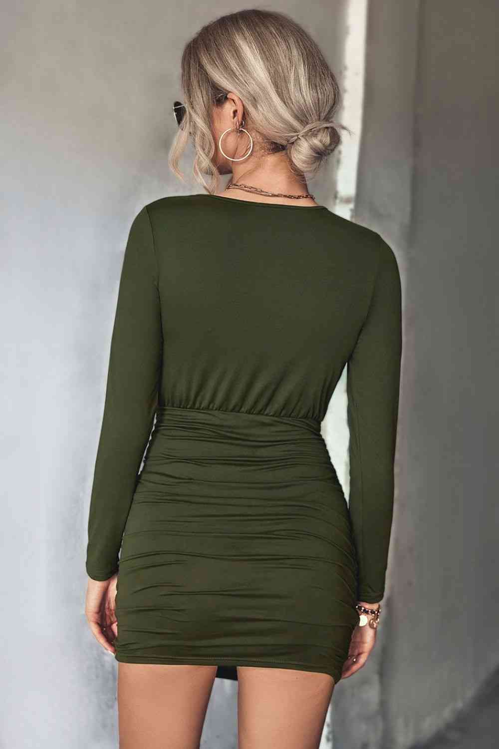 Twist Front Ruched Long Sleeve Mini Dress -BazaarBey - www.shopbazaarbey.com