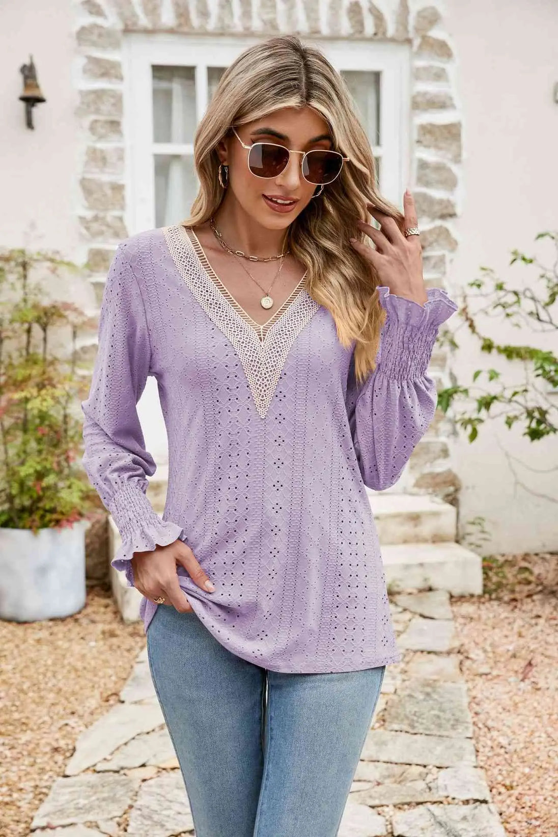  V-Neck Smocked Flounce Sleeve Blouse Bazaarbey
