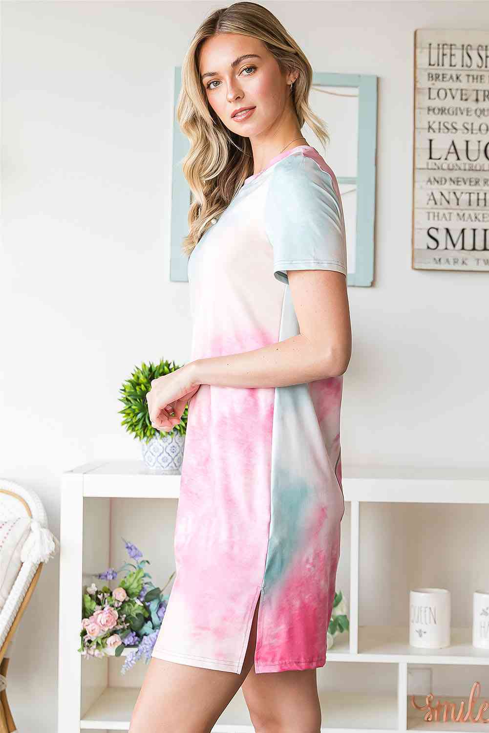 Tie-Dye Round Neck Short Sleeve Slit Dress -BazaarBey - www.shopbazaarbey.com