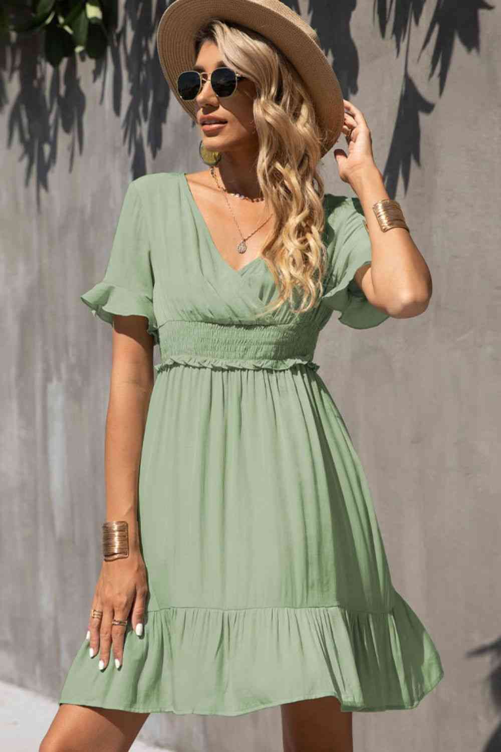 Smocked Waist Flounce Sleeve Ruffle Hem Dress -BazaarBey - www.shopbazaarbey.com
