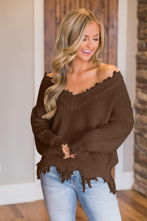 Frayed Hem Dropped Shoulder Sweater Bazaarbey