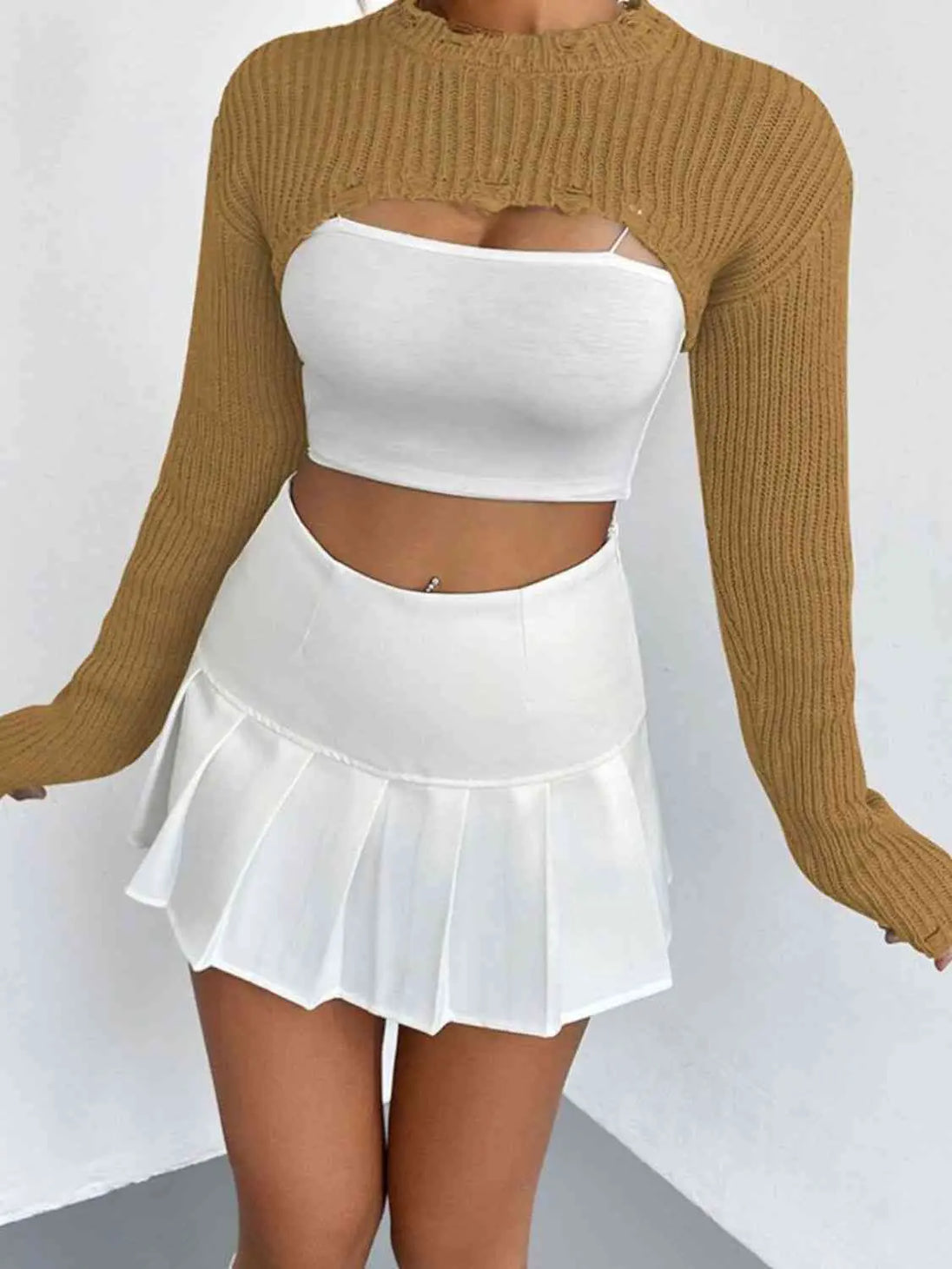Distressed Long Sleeve Cropped Sweater Trendsi