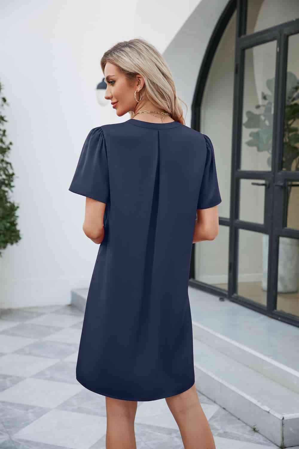 Notched Puff Sleeve Shift Dress -BazaarBey - www.shopbazaarbey.com