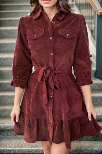 Tied Button Up Ruffle Hem Dress -BazaarBey - www.shopbazaarbey.com