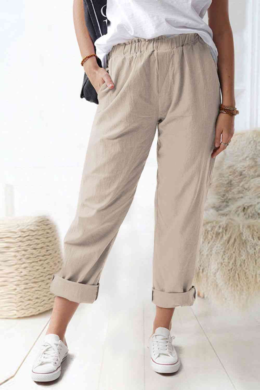 Waist Pull-On Pants with Pockets Bazaarbey