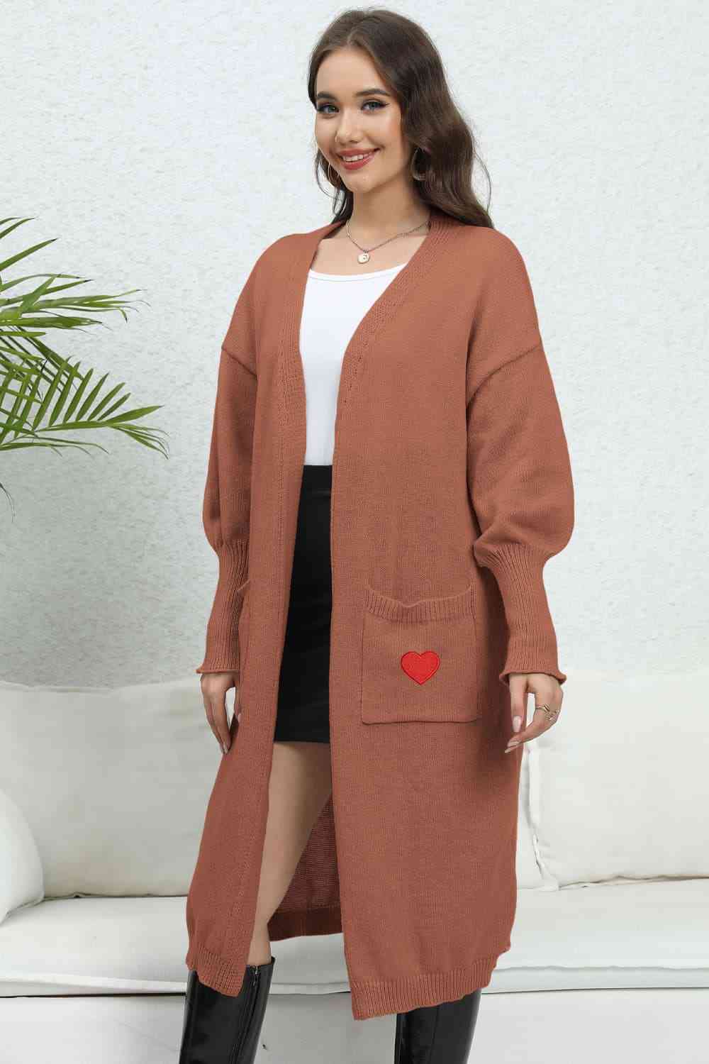 Lantern Sleeve Open Front Pocketed Cardigan Trendsi