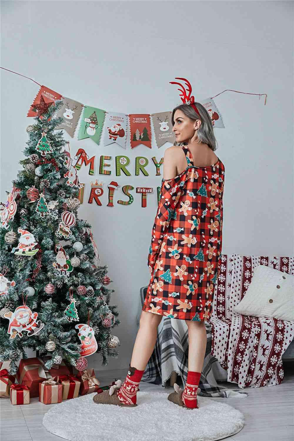 Christmas Asymmetrical Neck Long Sleeve Dress -BazaarBey - www.shopbazaarbey.com