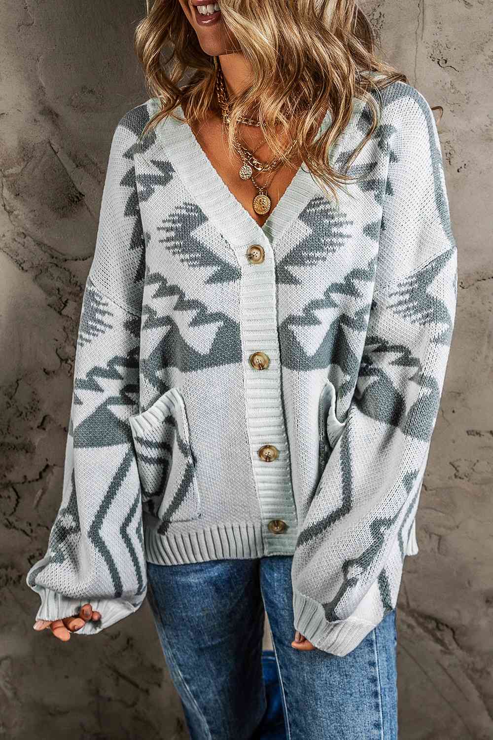 BazaarBey Printed Button Up V-Neck Long Sleeve Cardigan Bazaarbey