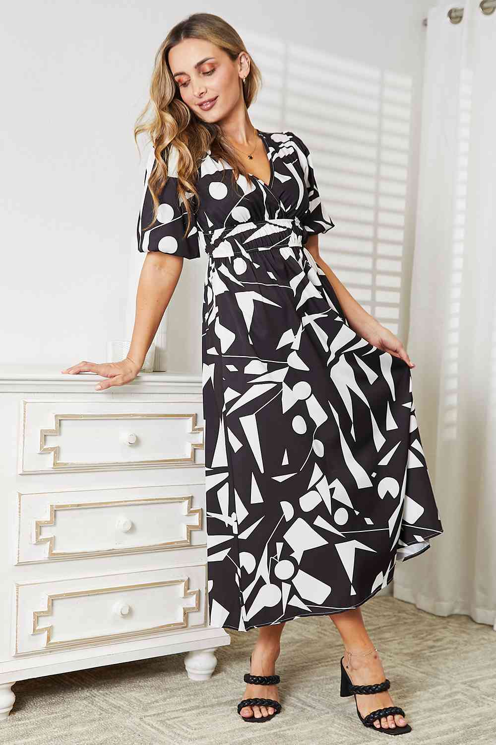  Printed  Balloon Sleeve Dress -BazaarBey - www.shopbazaarbey.com
