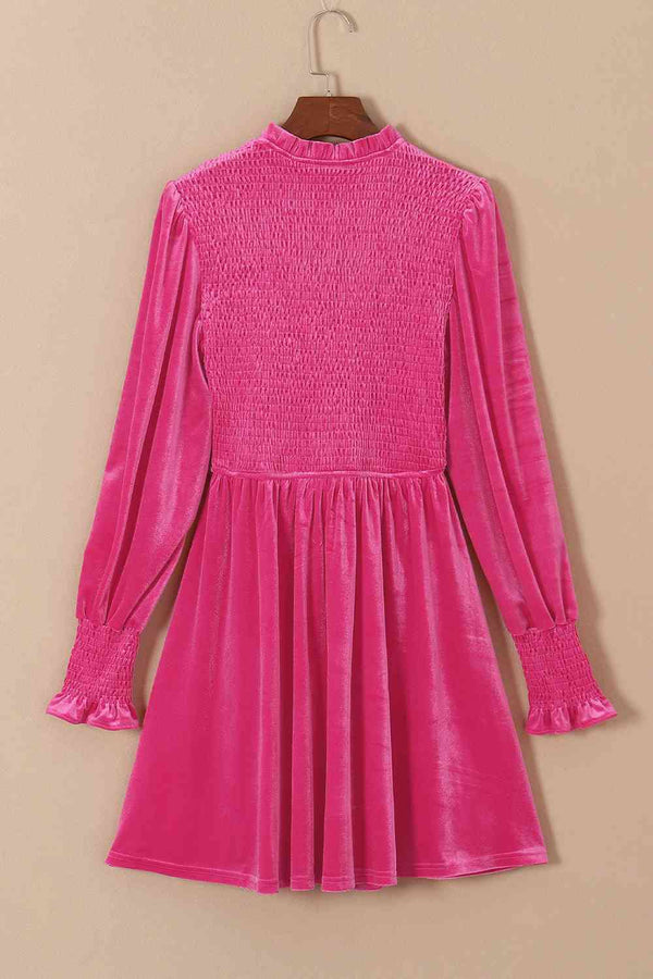 Smocked Round Neck Long Sleeve Dress -BazaarBey - www.shopbazaarbey.com