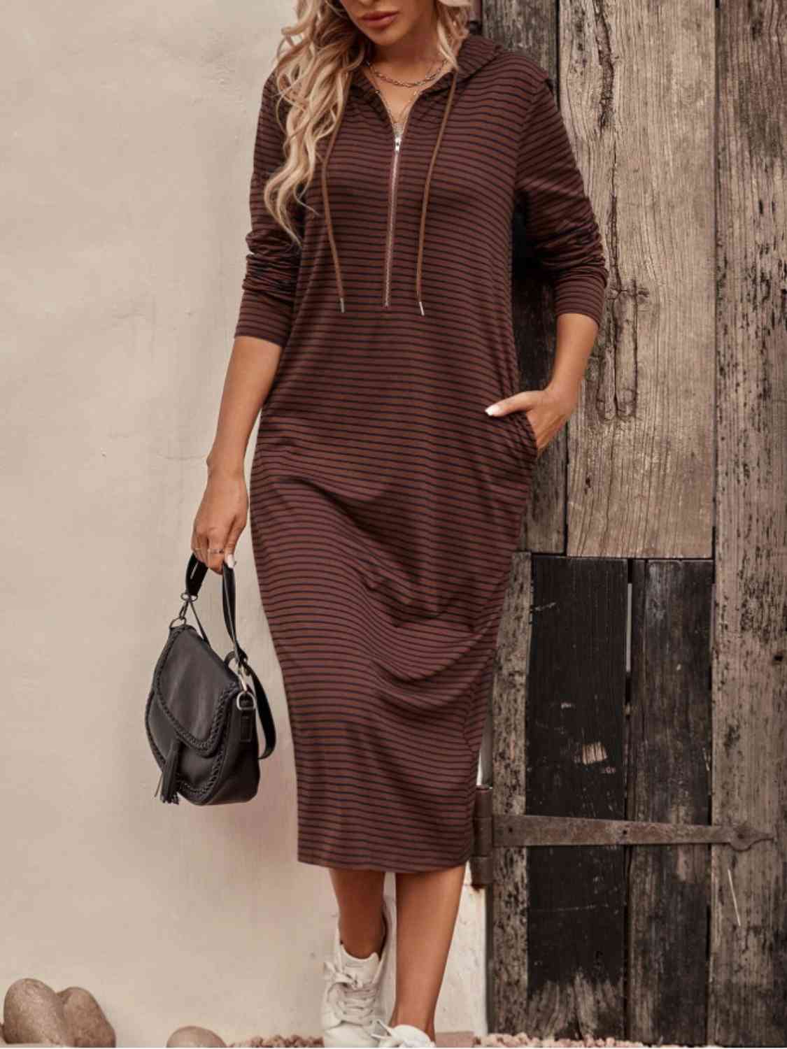 Striped Zip Front Hooded Dress -BazaarBey - www.shopbazaarbey.com