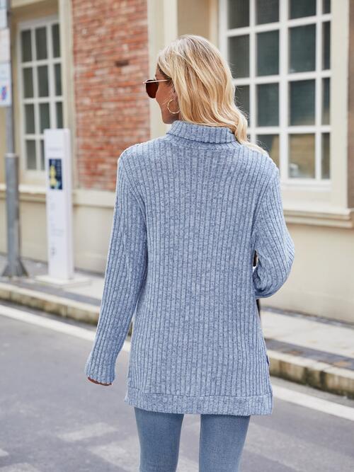 Ribbed Turtleneck Long Sleeve Slit Knit Top Bazaarbey