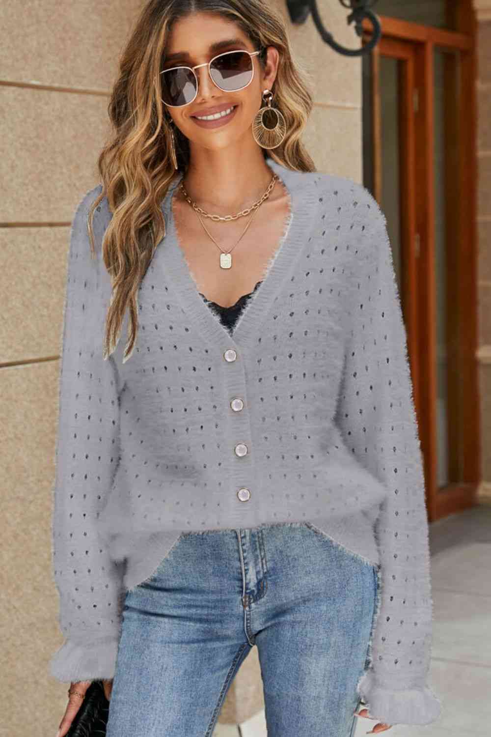 Openwork Flounce Sleeve Button-Up Fuzzy Cardigan Bazaarbey