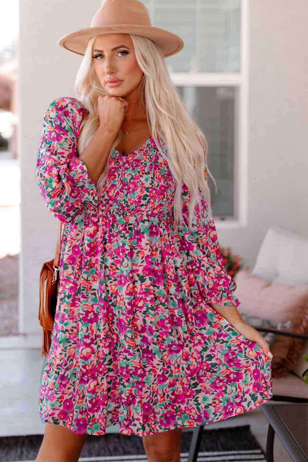 Floral Smocked V-Neck Flounce Sleeve Dress -BazaarBey - www.shopbazaarbey.com