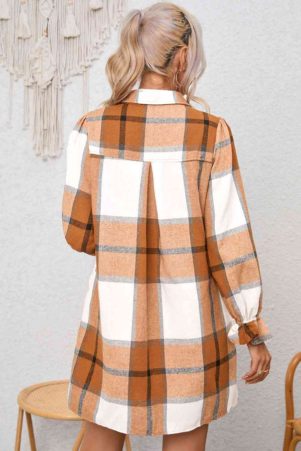 Plaid Collared Neck Flounce Sleeve Shirt Dress -BazaarBey - www.shopbazaarbey.com