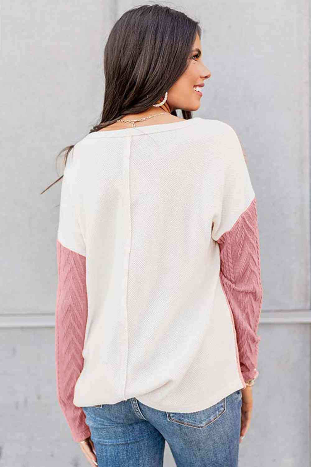 Full Size Color Block Cable-Knit Tops Bazaarbey