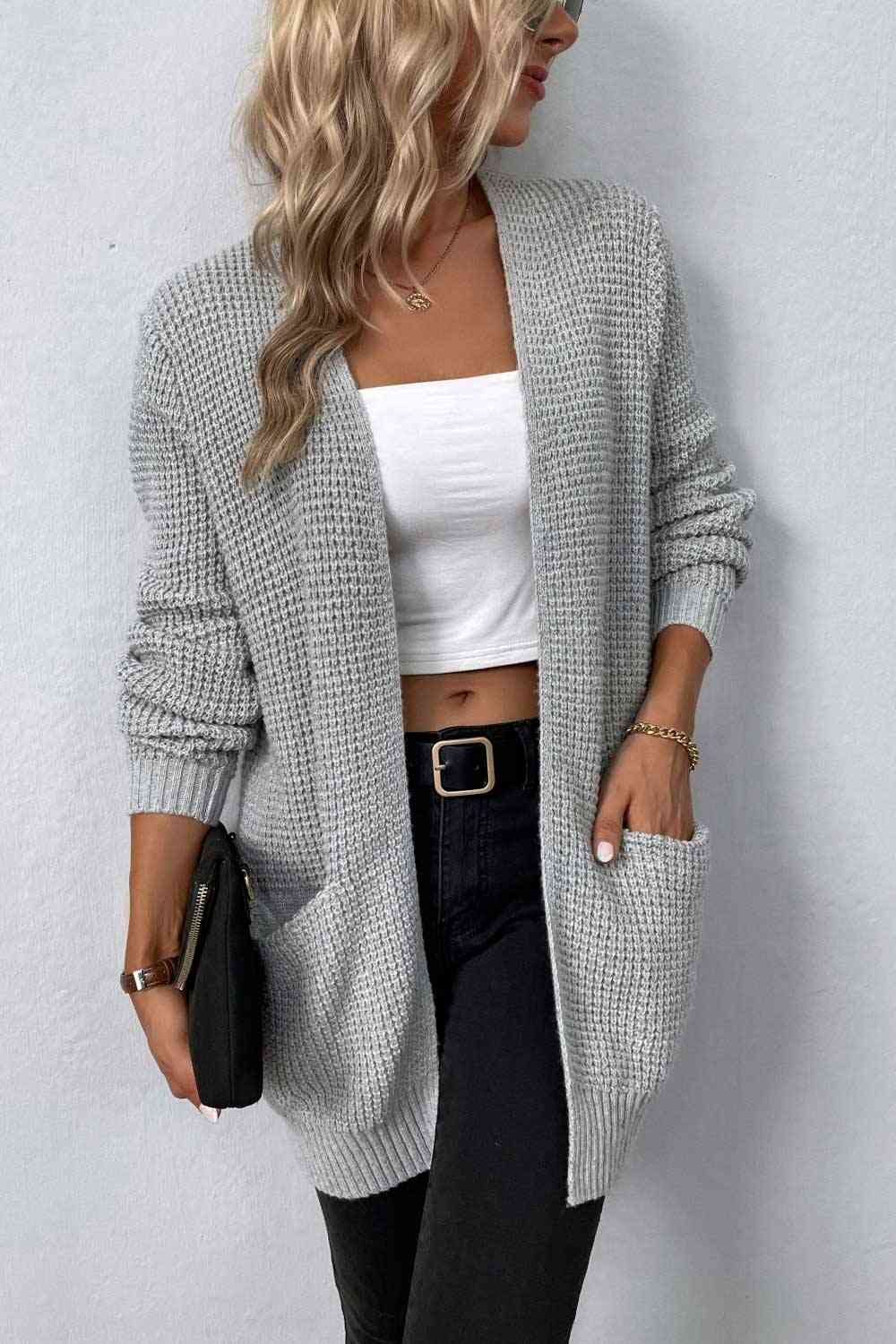 Rib-Knit  Pocketed Cardigan Trendsi