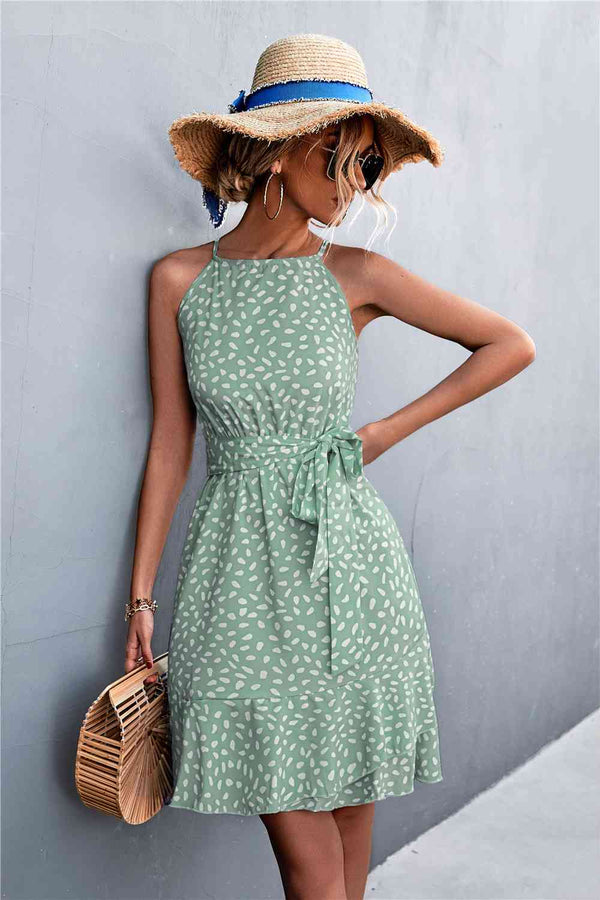 Printed Tie Waist Ruffle Hem Sleeveless Dress -BazaarBey - www.shopbazaarbey.com