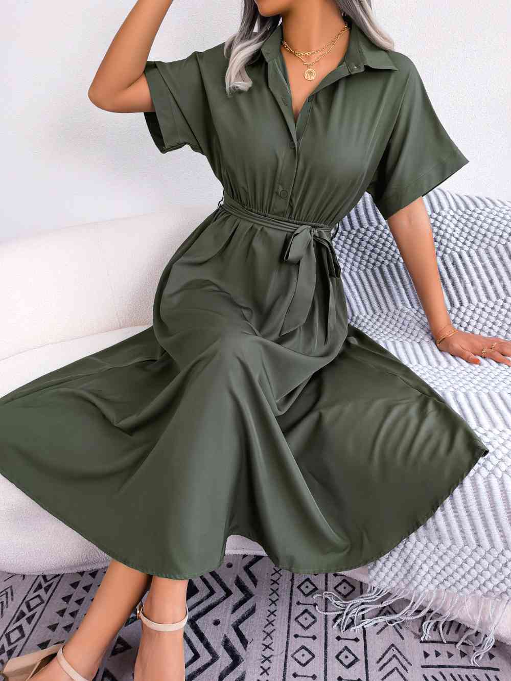 Short Sleeve Collared Tie Belt Dress -BazaarBey - www.shopbazaarbey.com