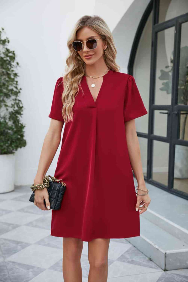 Notched Puff Sleeve Shift Dress -BazaarBey - www.shopbazaarbey.com