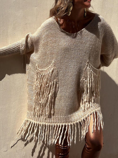 BazaarBey Fringe Detail Long Sleeve Sweater with Pockets Bazaarbey