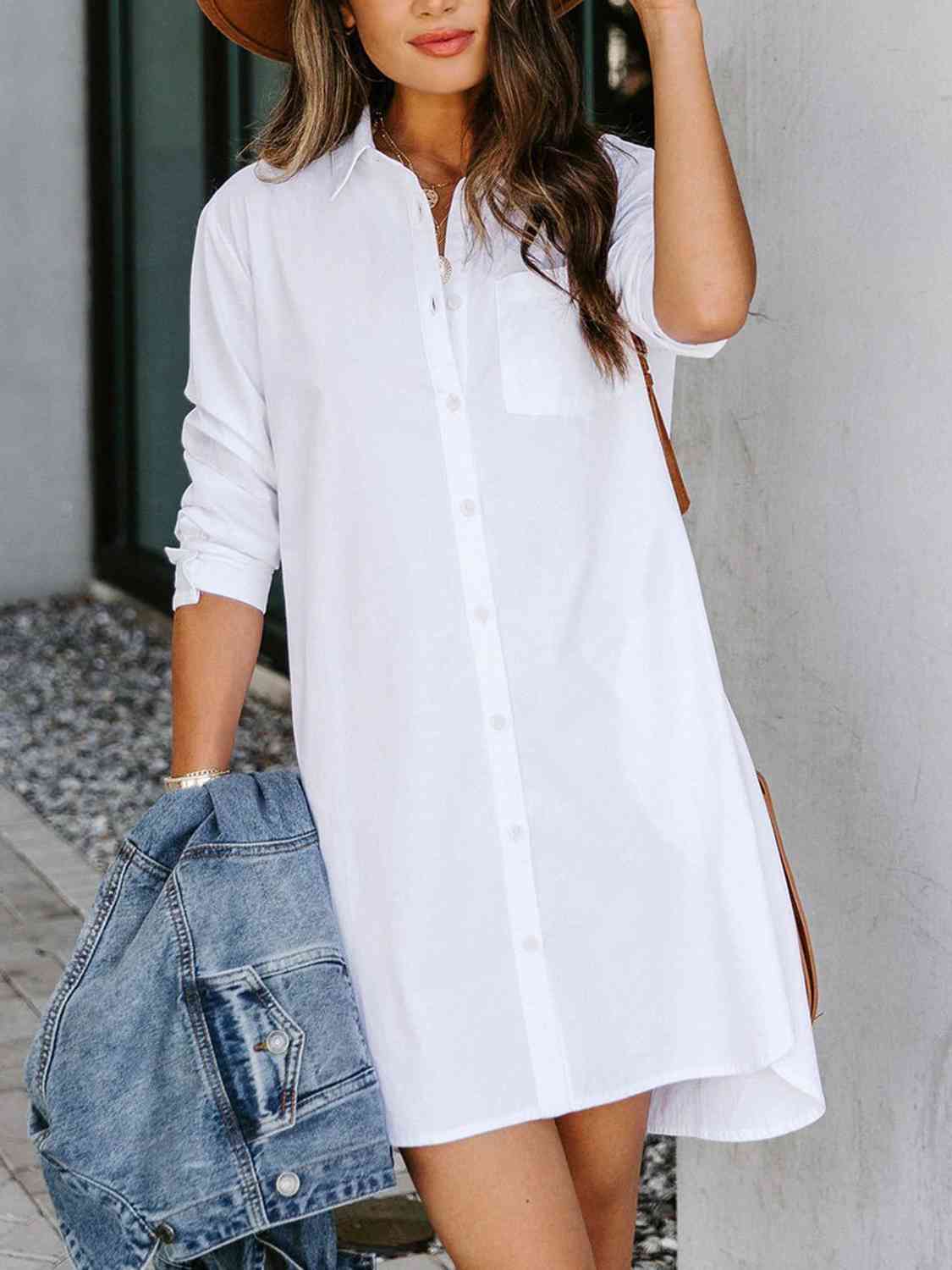 Button Up Collared Neck Long Sleeve Shirt Dress -BazaarBey - www.shopbazaarbey.com