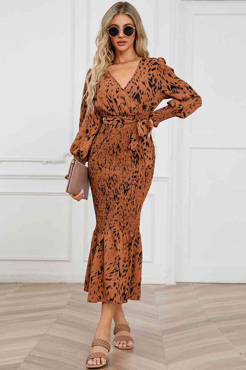 Printed V-Neck Smocked Midi Dress -BazaarBey - www.shopbazaarbey.com