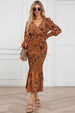 Printed V-Neck Smocked Midi Dress -BazaarBey - www.shopbazaarbey.com