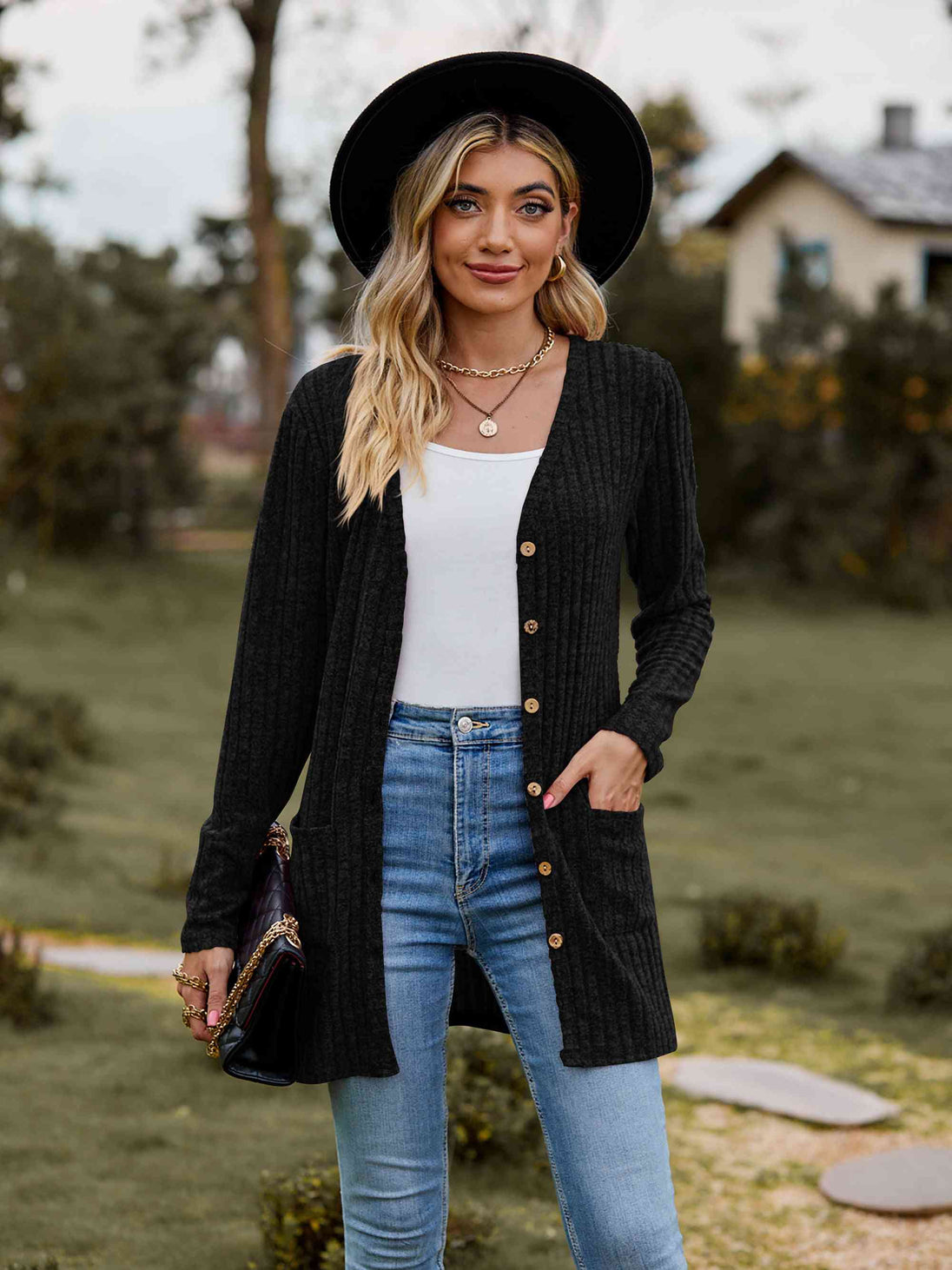 Ribbed Button-Up Cardigan with Pockets Trendsi