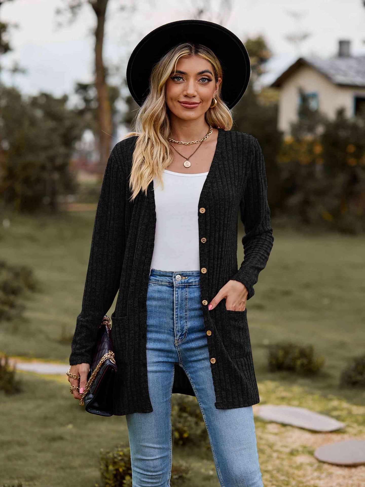Ribbed Button-Up Cardigan with Pockets Trendsi