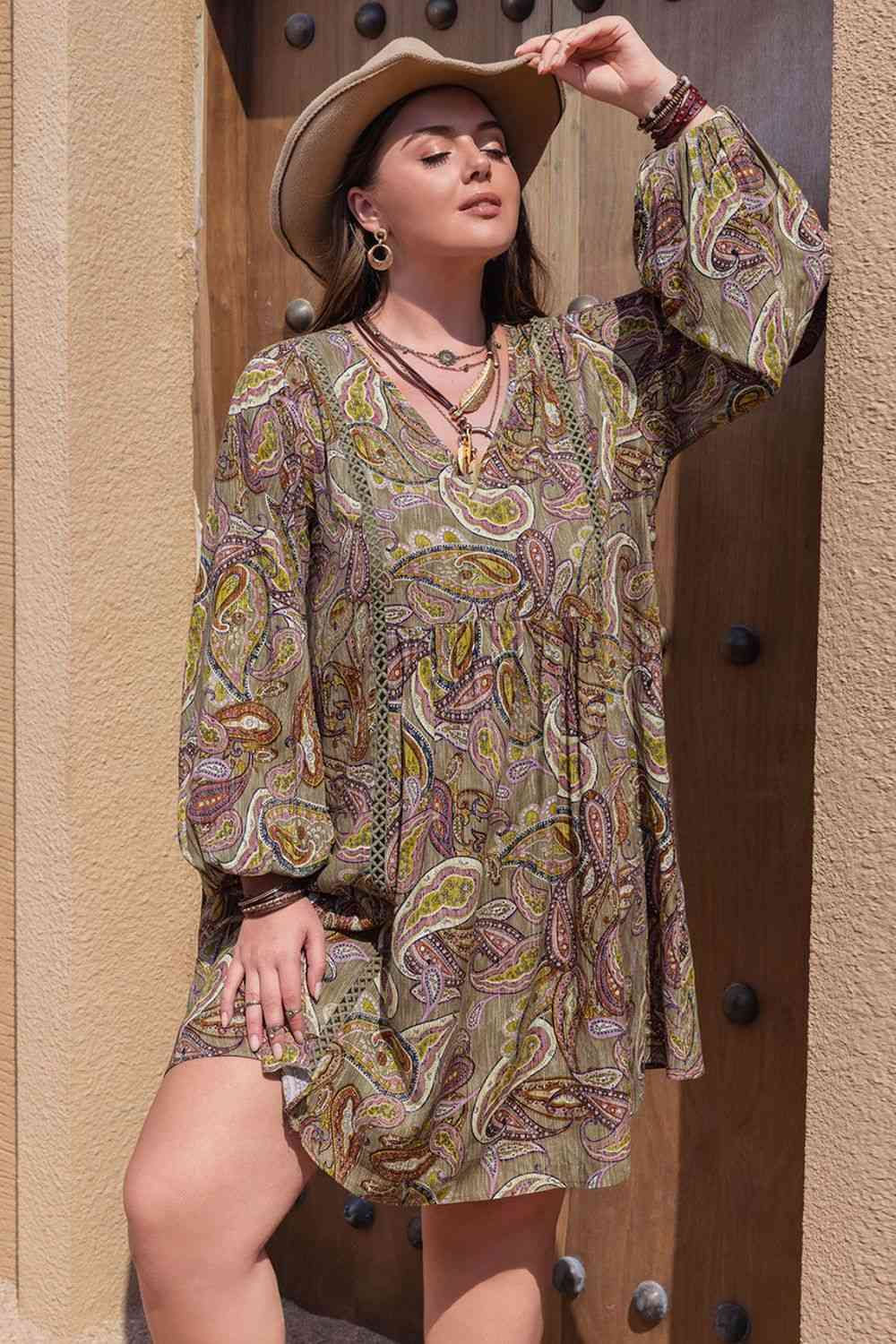 Plus Size Printed V-Neck Long Sleeve Midi Dress -BazaarBey - www.shopbazaarbey.com