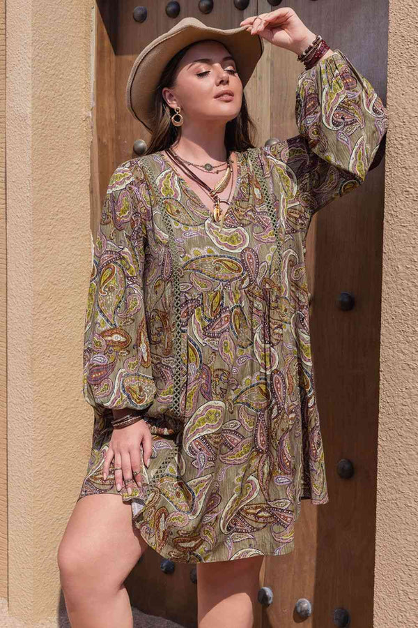 Plus Size Printed V-Neck Long Sleeve Midi Dress -BazaarBey - www.shopbazaarbey.com