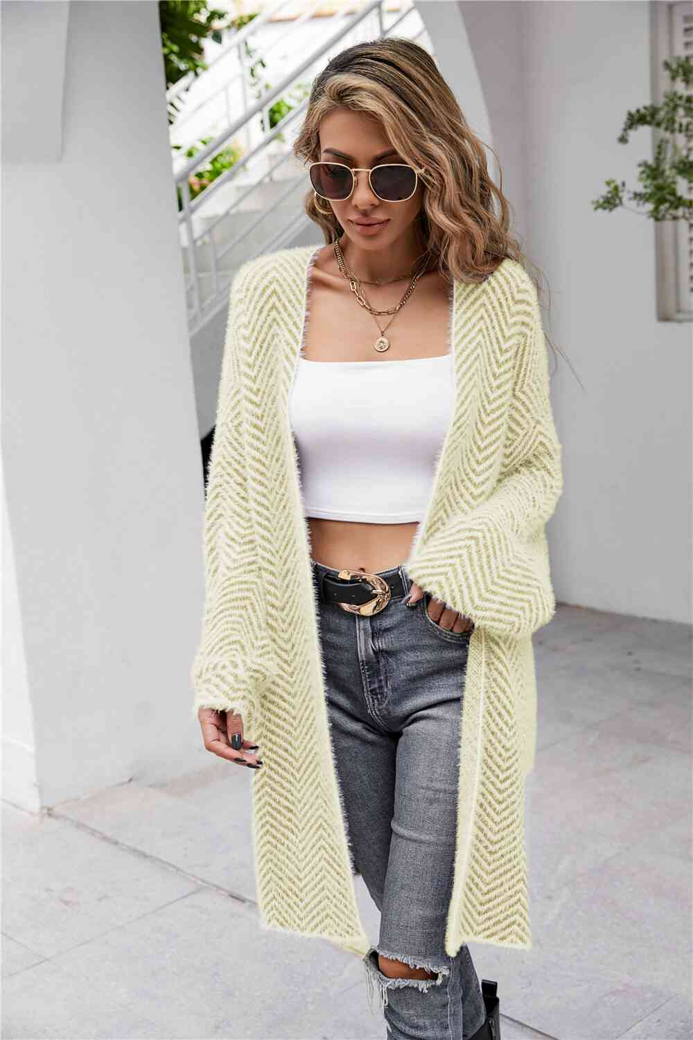 Herringbone Pattern Open Front Longline Fuzzy Cardigan Trendsi