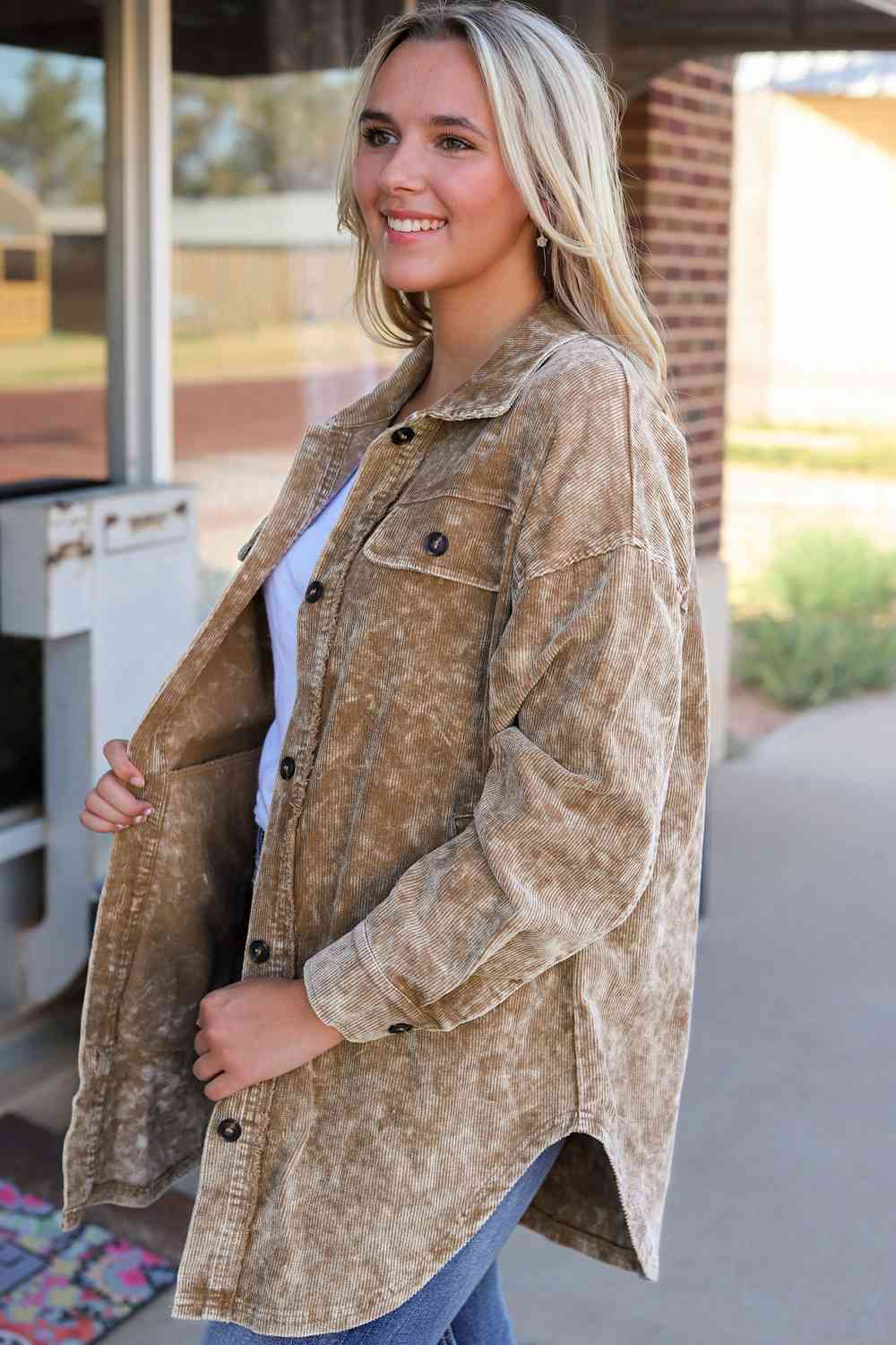 Washed Button Down Dropped Shoulder Jacket Trendsi