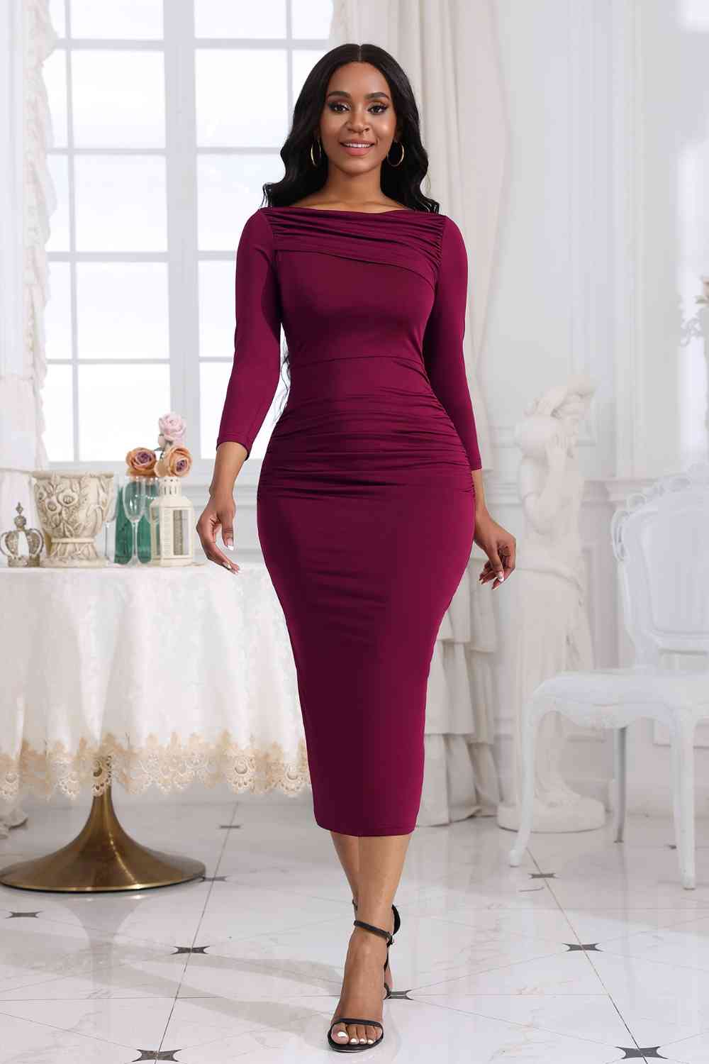 Ruched Boat Neck Midi Dress Bazaarbey