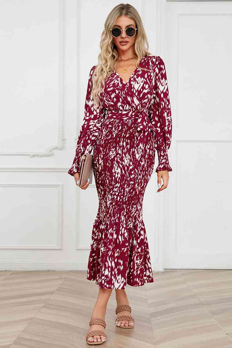 Printed V-Neck Smocked Midi Dress -BazaarBey - www.shopbazaarbey.com