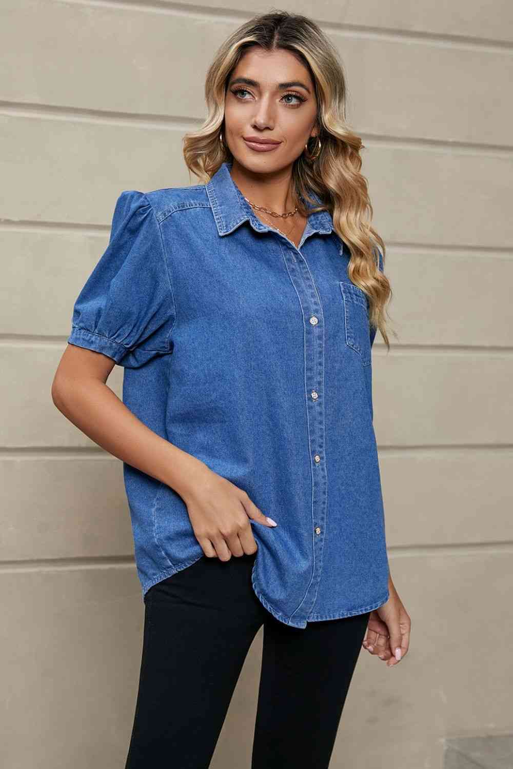 Puff Sleeve Collared Denim Top Bazaarbey