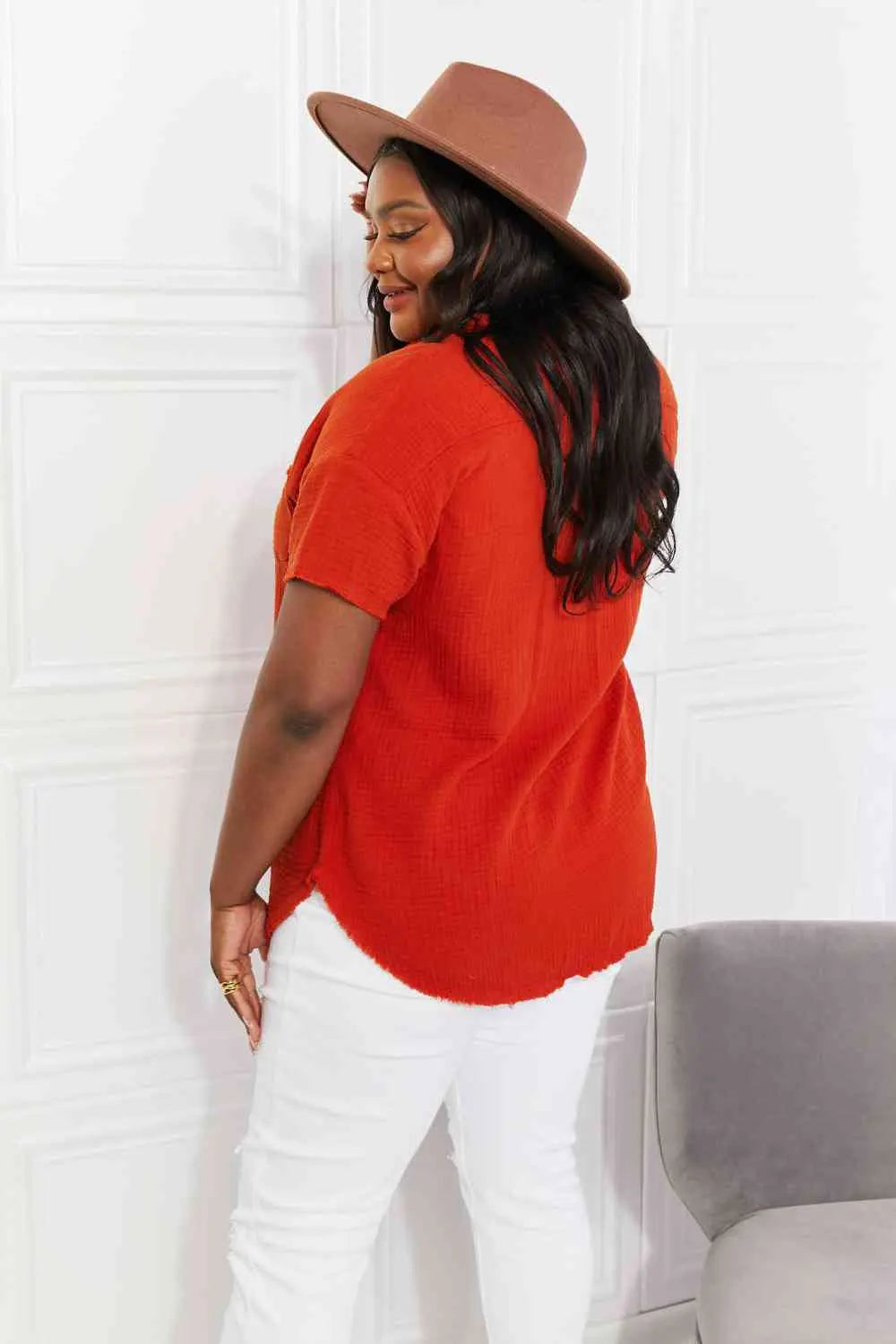  Full Size Summer Breeze Gauze Short Sleeve Shirt in Copper Bazaarbey