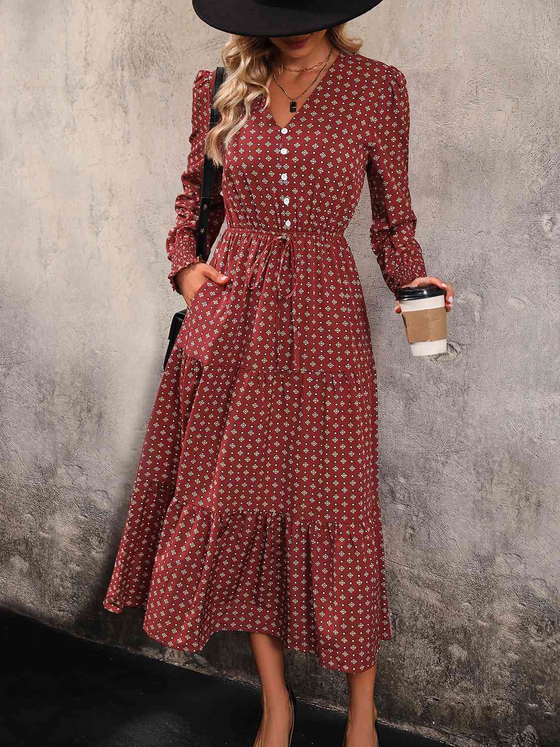 Printed Tiered V-Neck Buttoned Midi Dress -BazaarBey - www.shopbazaarbey.com