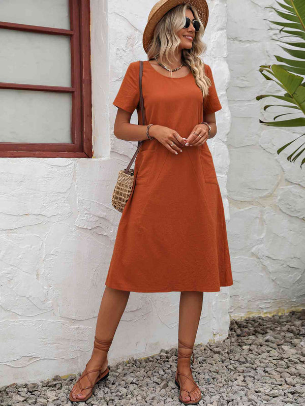 Round Neck Short Sleeve Dress with Pockets -BazaarBey - www.shopbazaarbey.com