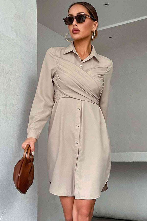  Tie-Back Curved Hem Shirt Dress -BazaarBey - www.shopbazaarbey.com