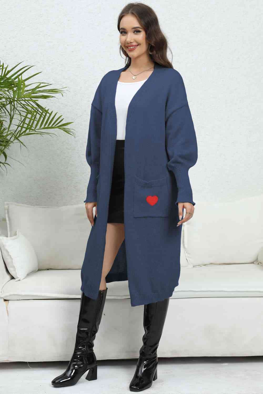 Lantern Sleeve Open Front Pocketed Cardigan Trendsi